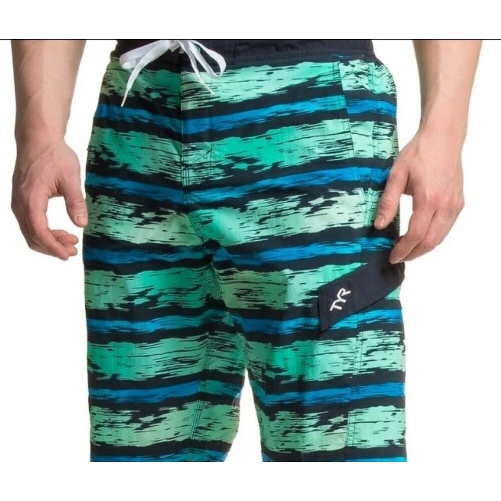 TYR Men's Swim Board Shorts Blue/teal Striped Mesh Size M New